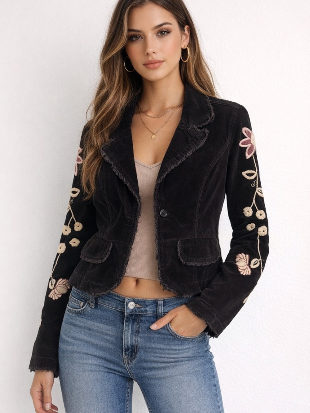 XXI Black Corduroy Floral Sleeve Frayed Jacket Sz Med